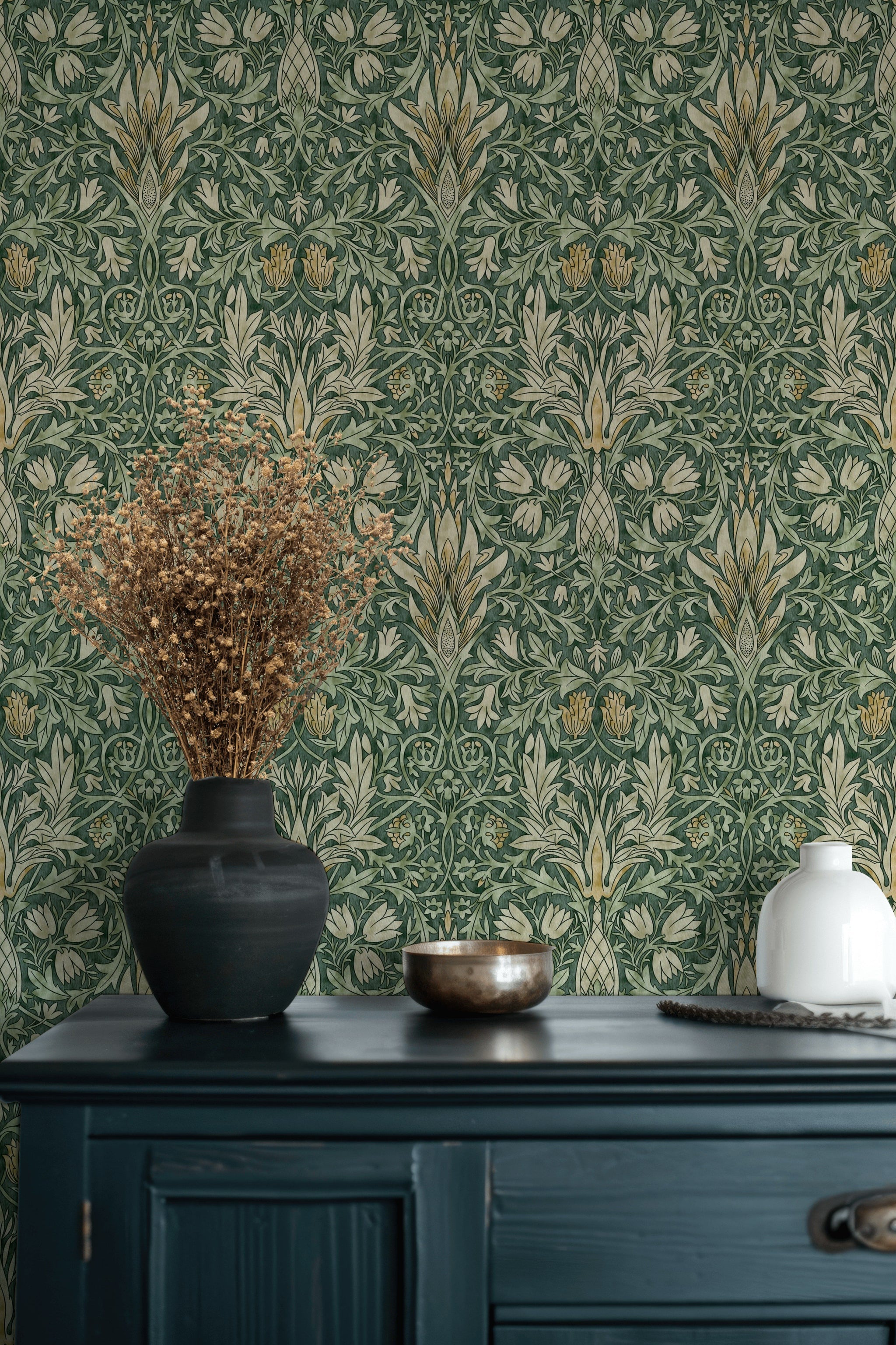 Vintage Floral Wallpaper Green Botanical Pattern Wall Mural