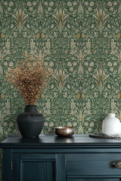 Vintage Floral Wallpaper Green Botanical Pattern Wall Mural