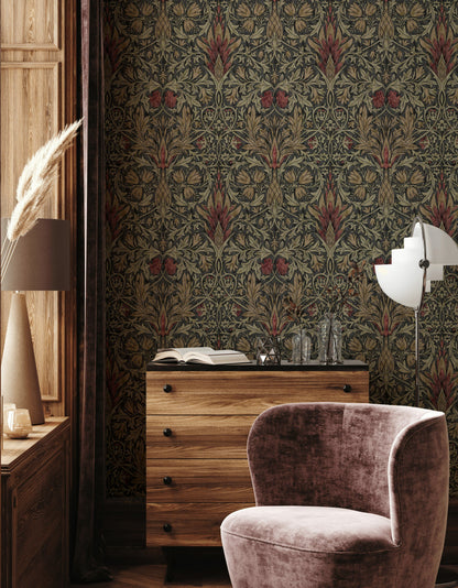 Vintage Floral Wallpaper Dark Green Botanical Pattern Wall Mural