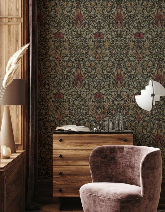 Vintage Floral Wallpaper Dark Green Botanical Pattern Wall Mural