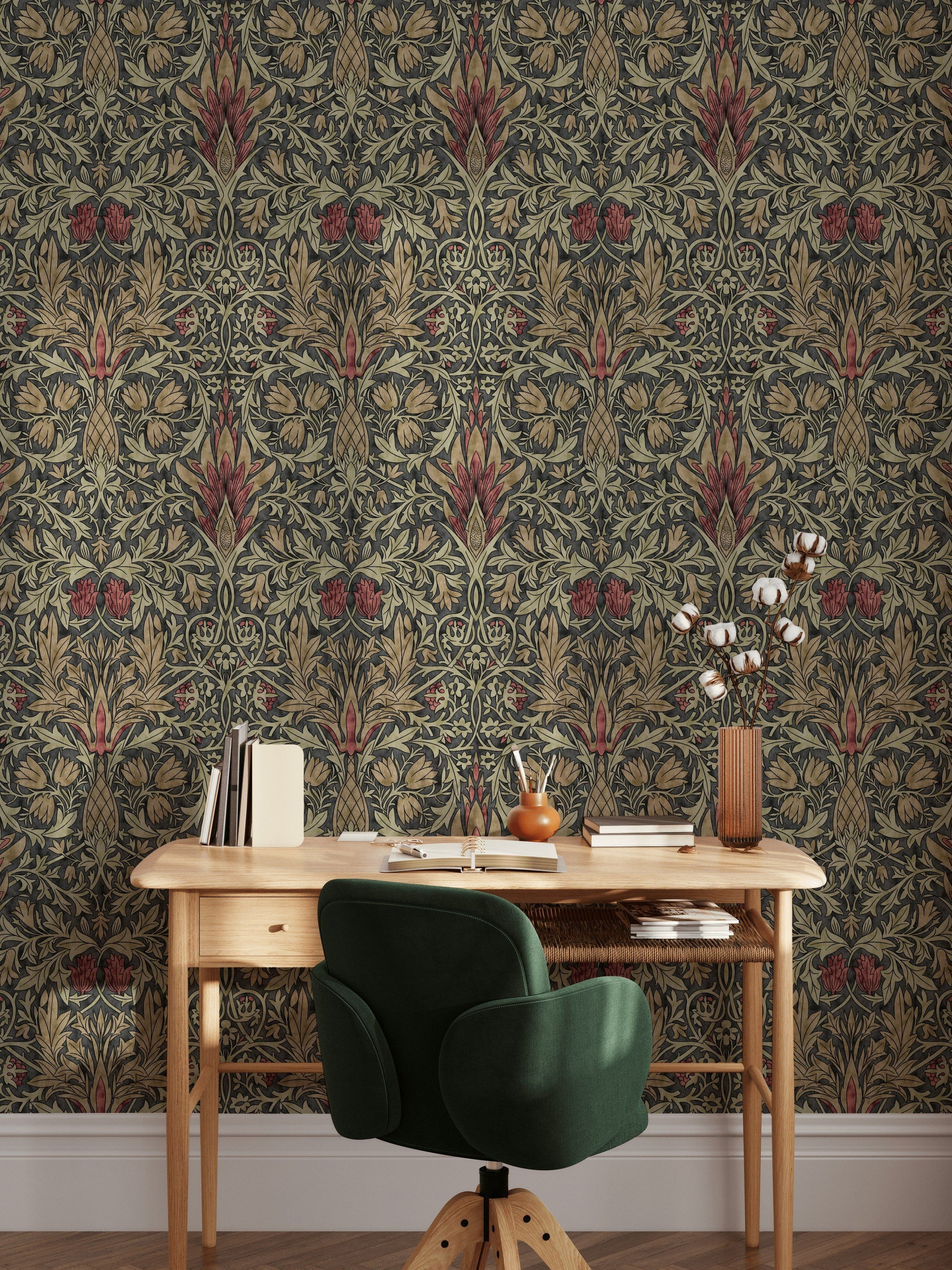Vintage Floral Wallpaper Dark Green Botanical Pattern Wall Mural