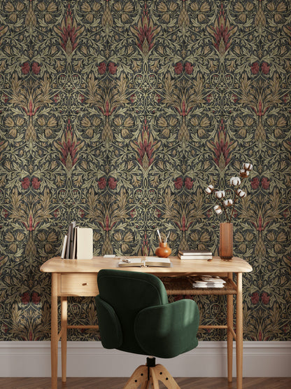 Vintage Floral Wallpaper Dark Green Botanical Pattern Wall Mural