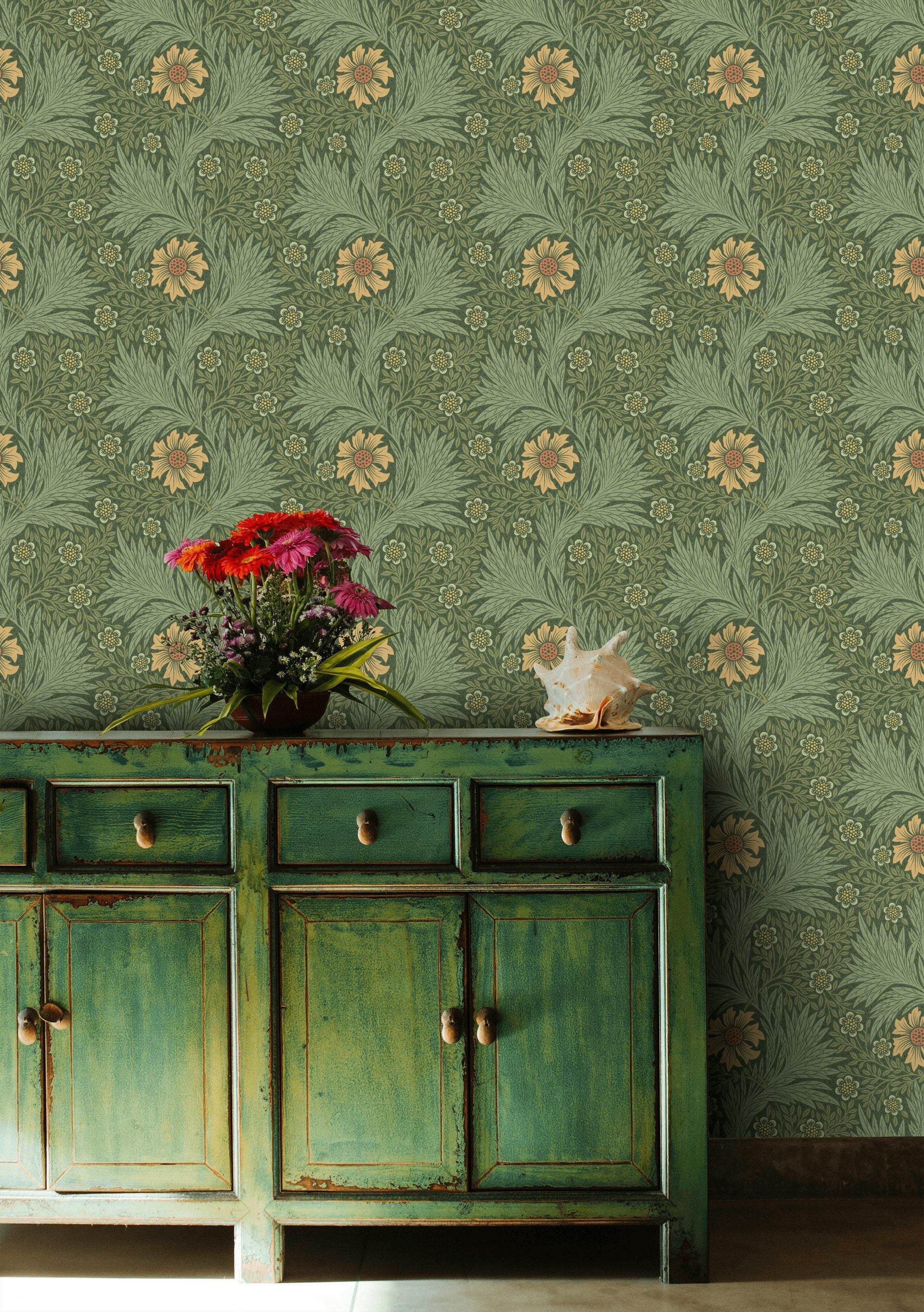 Vintage Floral Wallpaper Dark Green Botanical Pattern Wall Mural