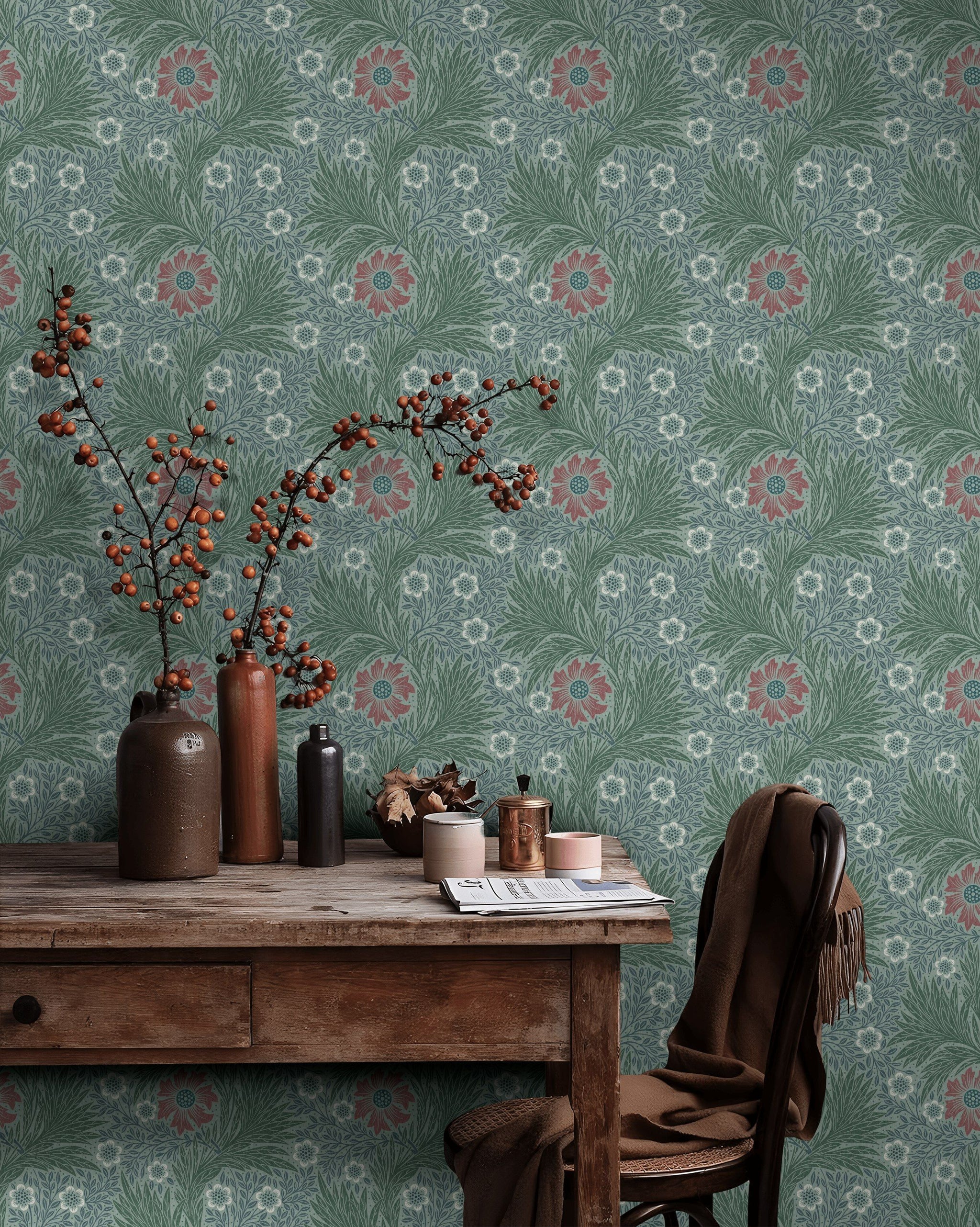 Vintage Floral Wallpaper Green Leaf Pattern Wall Mural