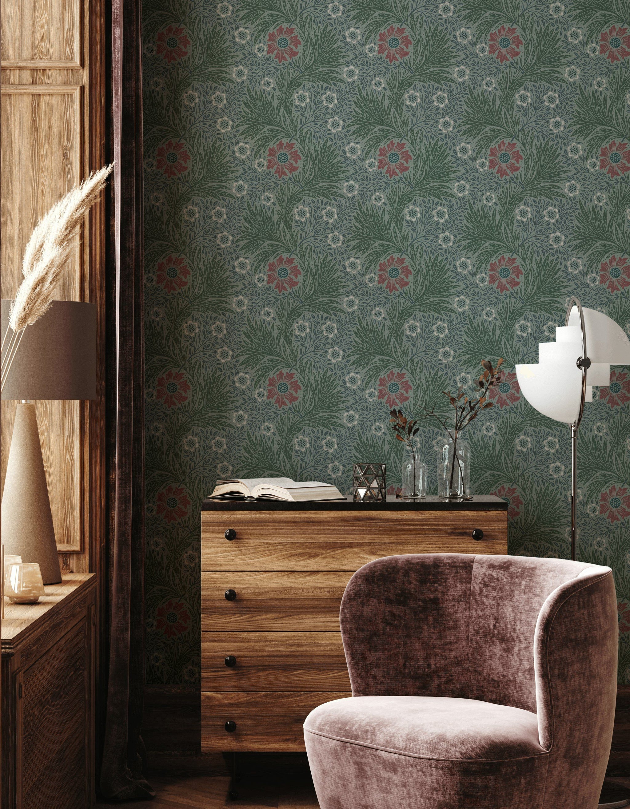 Vintage Floral Wallpaper Green Leaf Pattern Wall Mural
