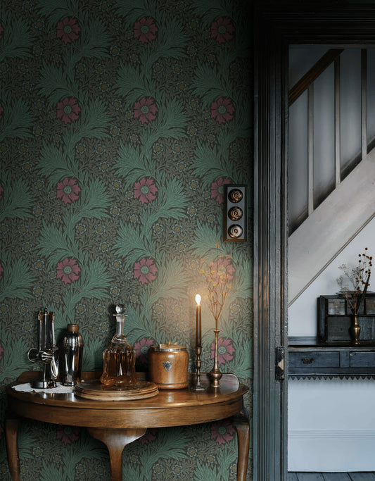 Vintage Floral Wallpaper Dark Green Botanical Pattern Wall Mural