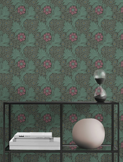 Vintage Floral Wallpaper Dark Green Botanical Pattern Wall Mural