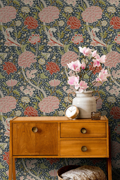 Vintage Floral Wallpaper Dark Blue Botanical Pattern Wall Mural