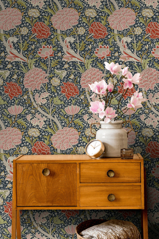 Vintage Floral Wallpaper Dark Blue Botanical Pattern Wall Mural