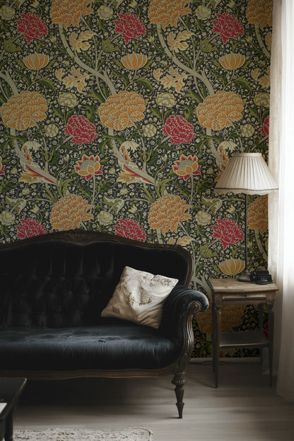 Vintage Floral Wallpaper Dark Background Botanical Wall Mural