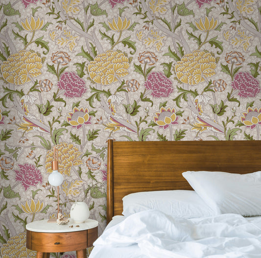 Vintage Floral Wallpaper Pink Yellow Botanical Wall Mural