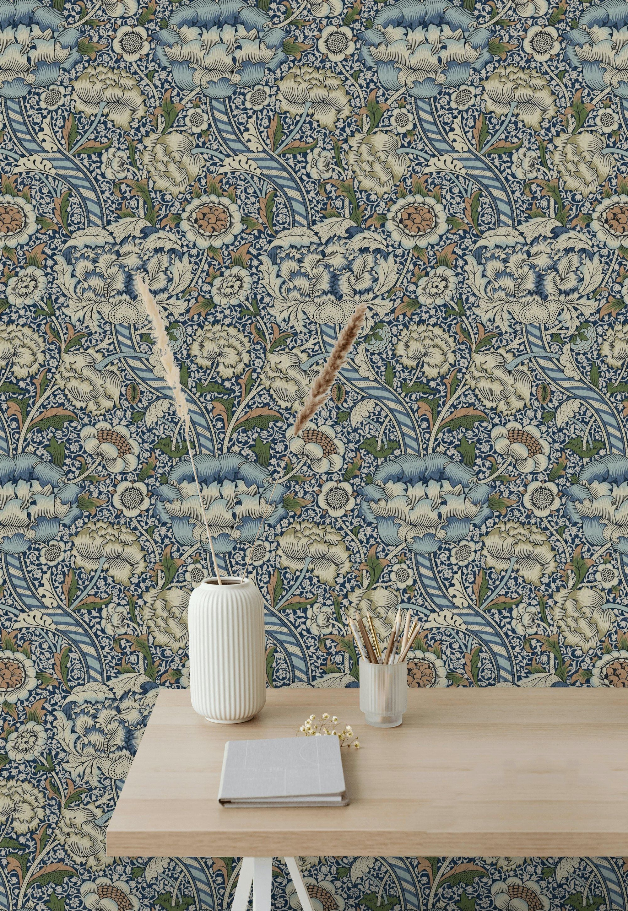 Vintage Floral Wallpaper Blue Cream Botanical Wall Mural