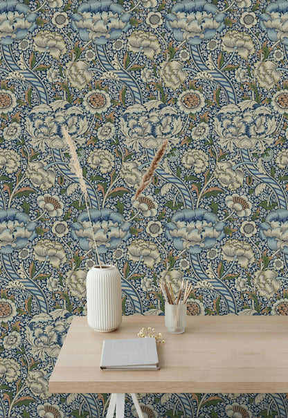 Vintage Floral Wallpaper Blue Cream Botanical Wall Mural