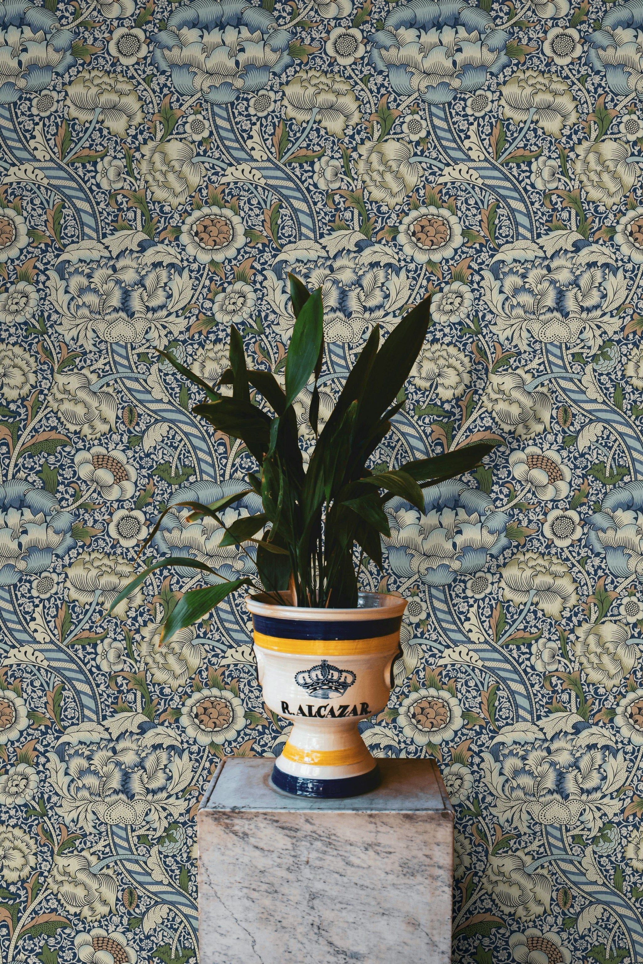 Vintage Floral Wallpaper Blue Cream Botanical Wall Mural