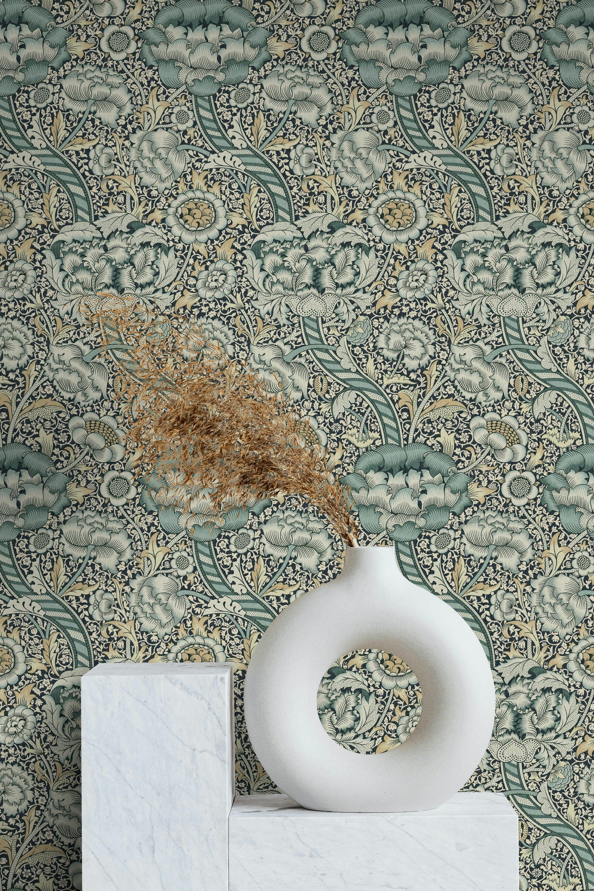 Vintage Floral Wallpaper Sage Blue Folk Pattern Wall Mural
