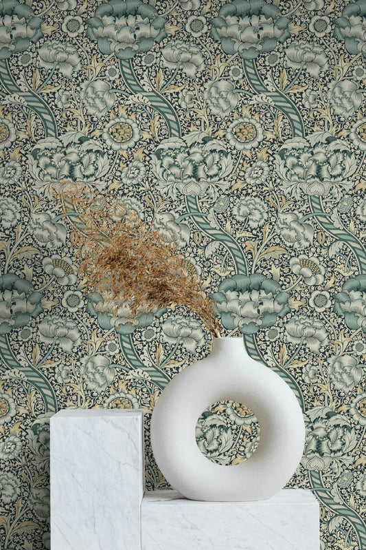 Vintage Floral Wallpaper Sage Blue Folk Pattern Wall Mural