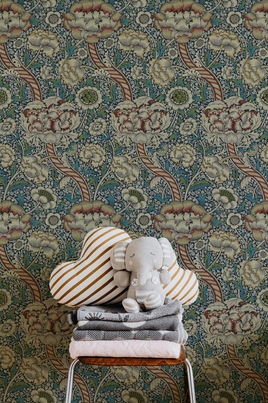 Vintage Floral Wallpaper Dark Blue Botanical Pattern Wall Mural