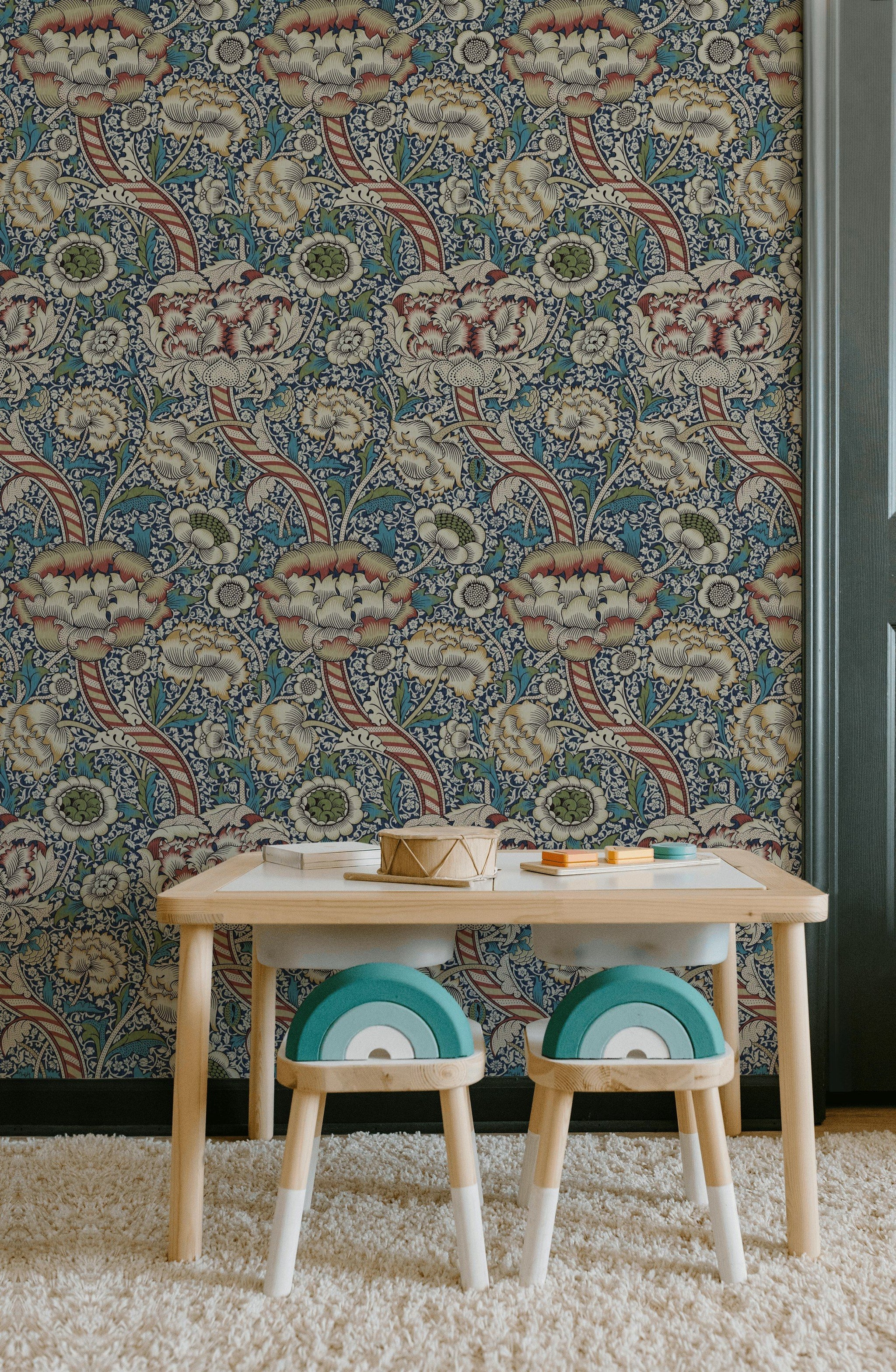 Vintage Floral Wallpaper Dark Blue Botanical Pattern Wall Mural