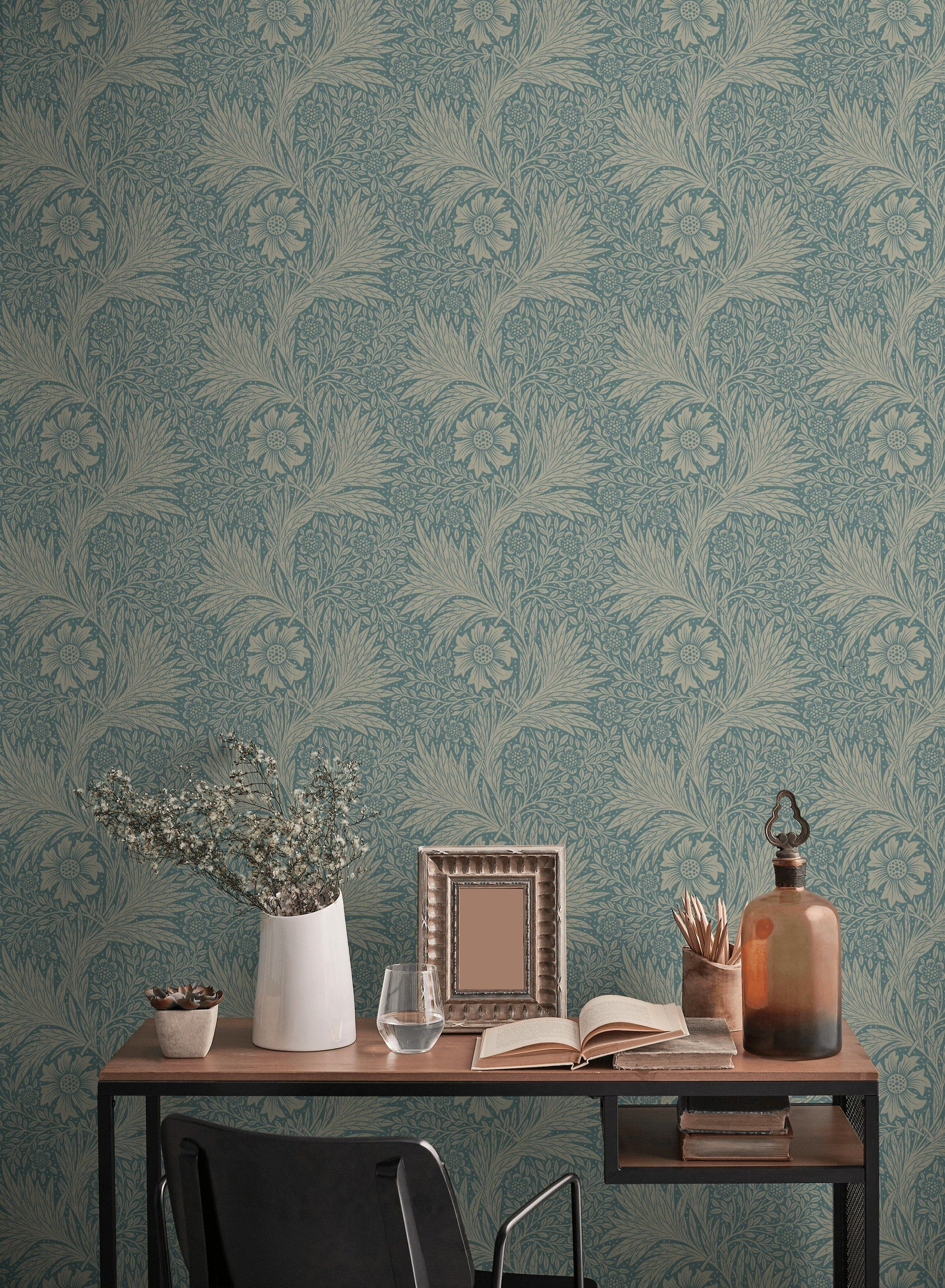 Botanical Floral Wallpaper Teal Vintage Pattern Wall Mural