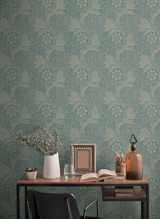 Botanical Floral Wallpaper Teal Vintage Pattern Wall Mural