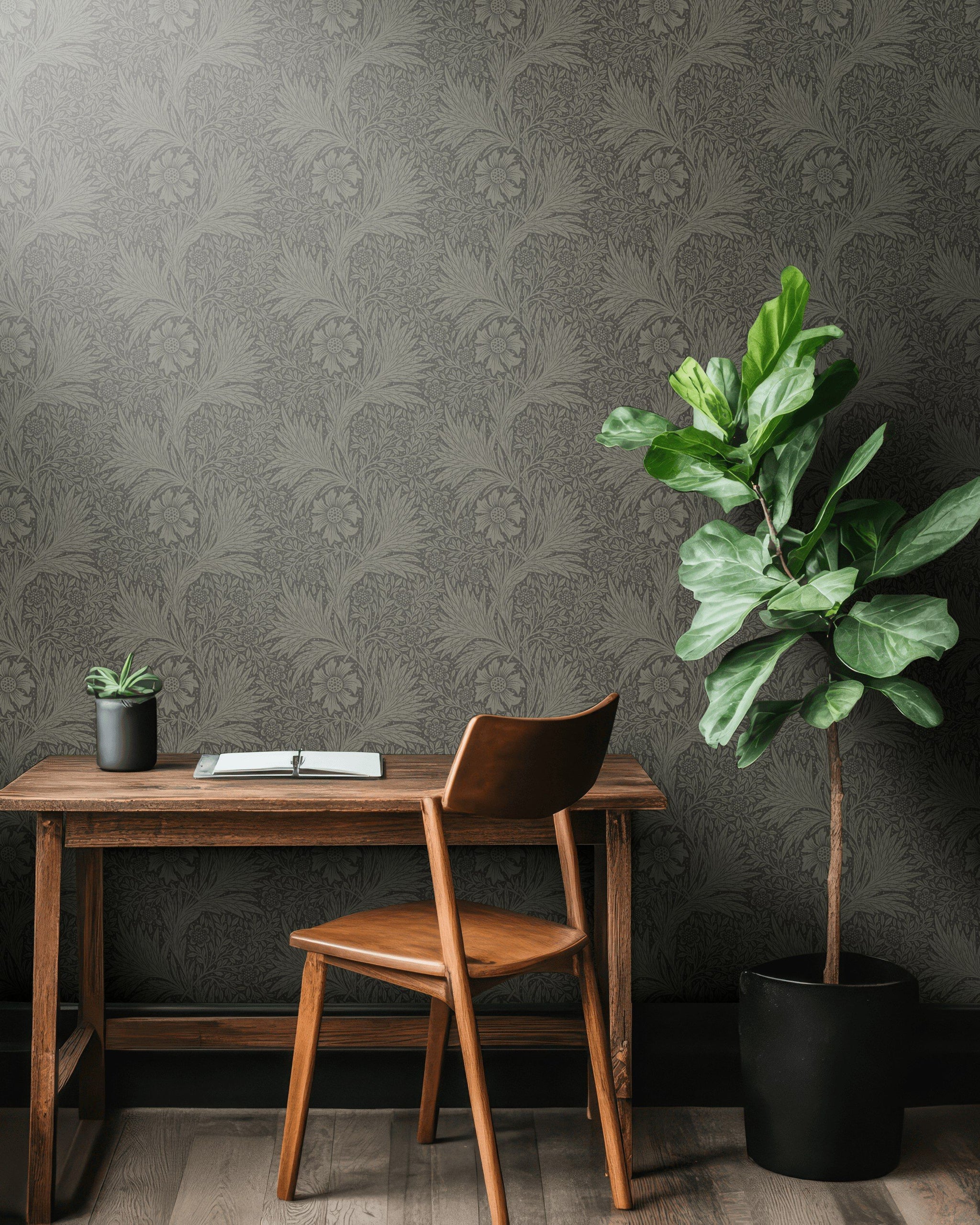 Vintage Floral Wallpaper Dark Gray Botanical Pattern Wall Mural