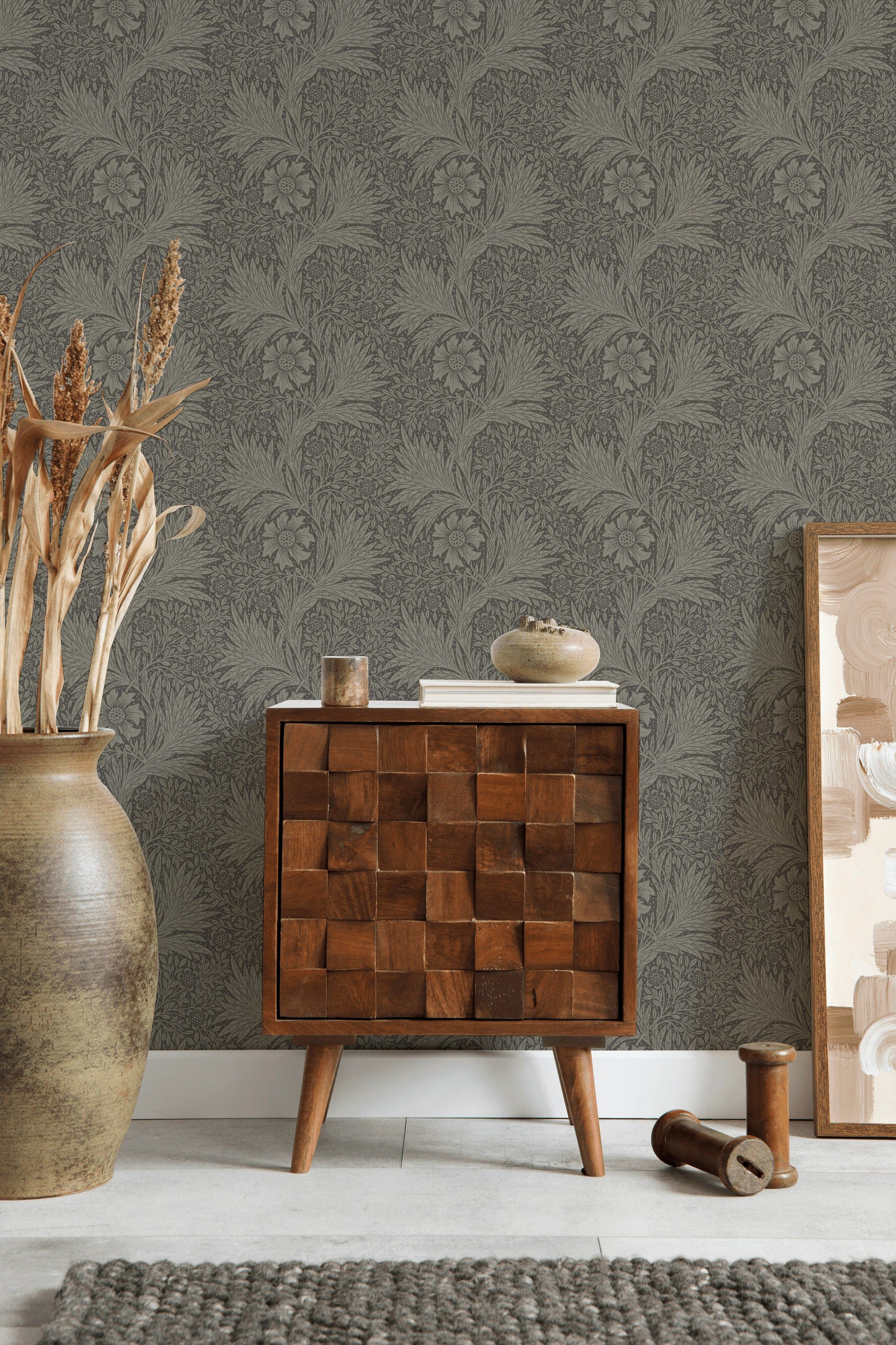Vintage Floral Wallpaper Dark Gray Botanical Pattern Wall Mural