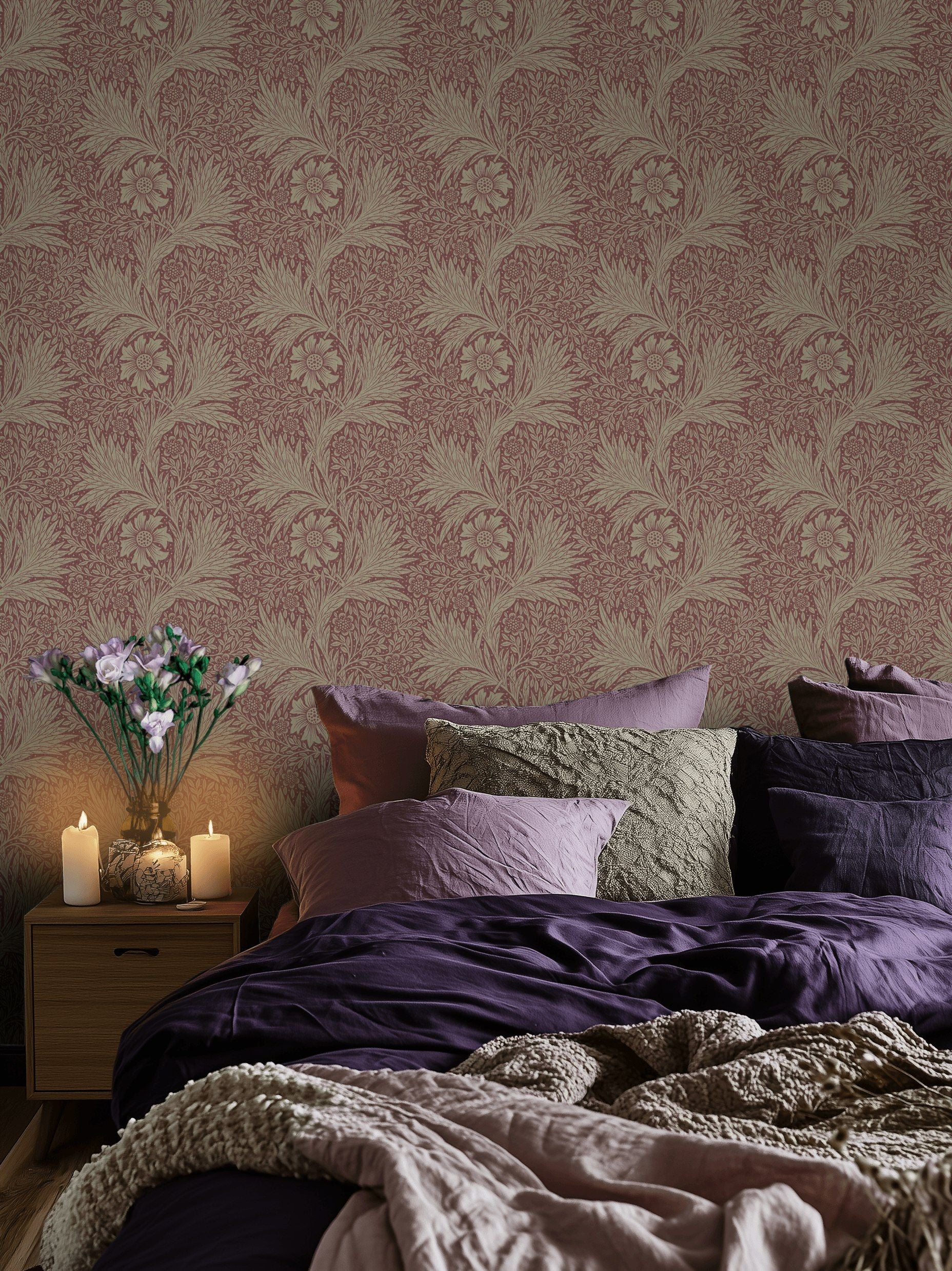 Vintage Floral Wallpaper Burgundy Botanical Pattern Wall Mural