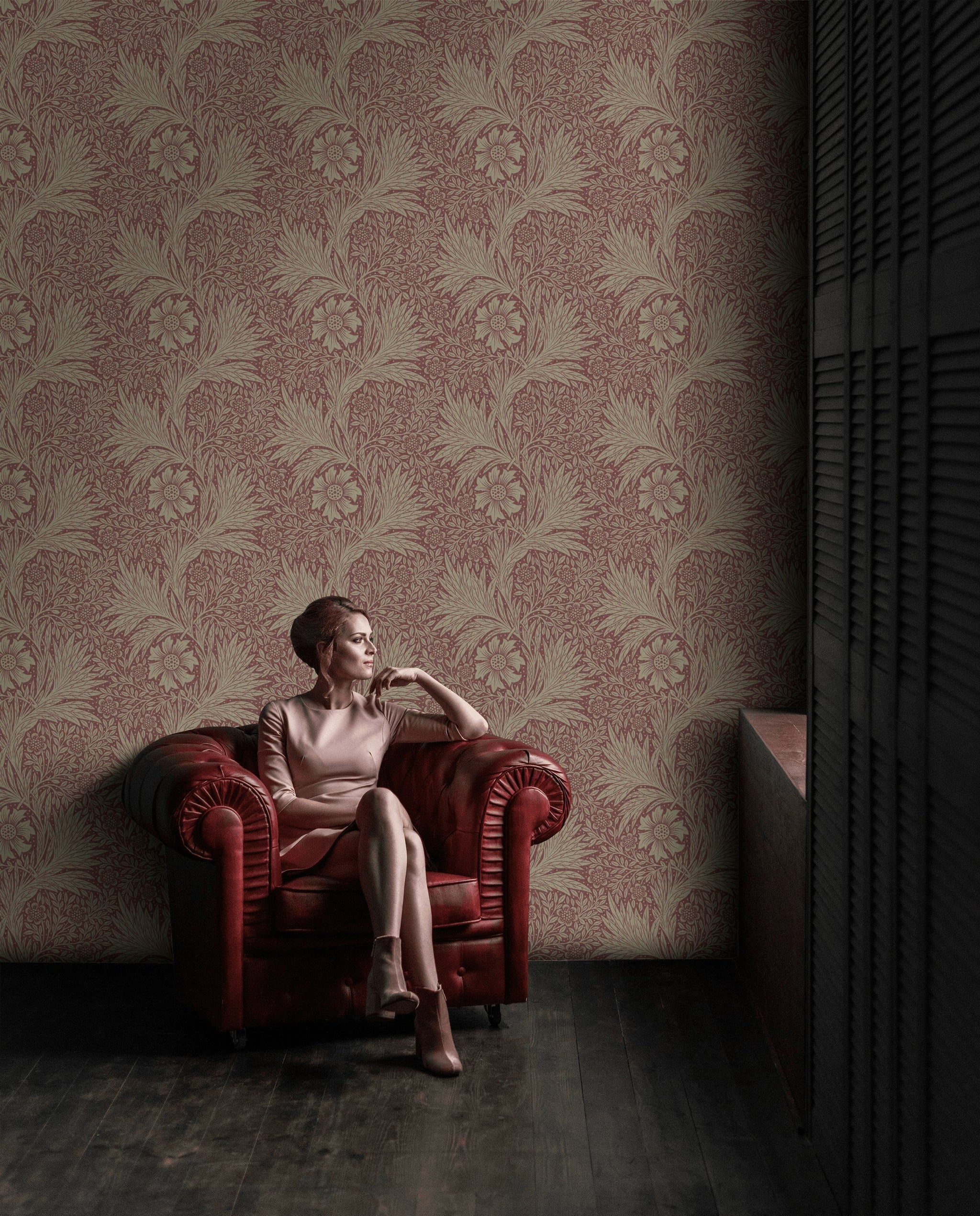 Vintage Floral Wallpaper Burgundy Botanical Pattern Wall Mural