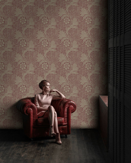 Vintage Floral Wallpaper Burgundy Botanical Pattern Wall Mural