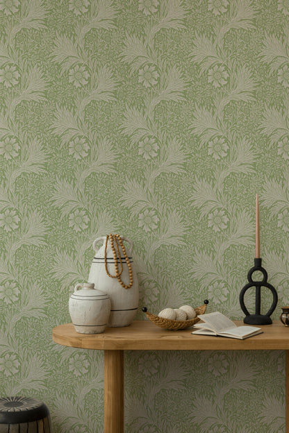 Botanical Floral Wallpaper Sage Green Linework Wall Mural