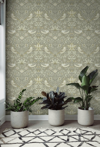 Bird and Floral Wallpaper Vintage Sage Green Wall Mural