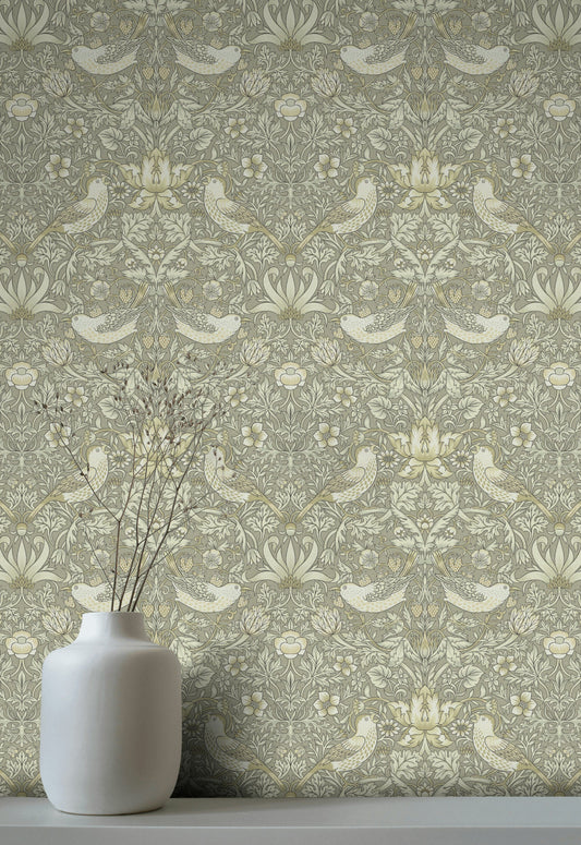 Bird and Floral Wallpaper Vintage Sage Green Wall Mural