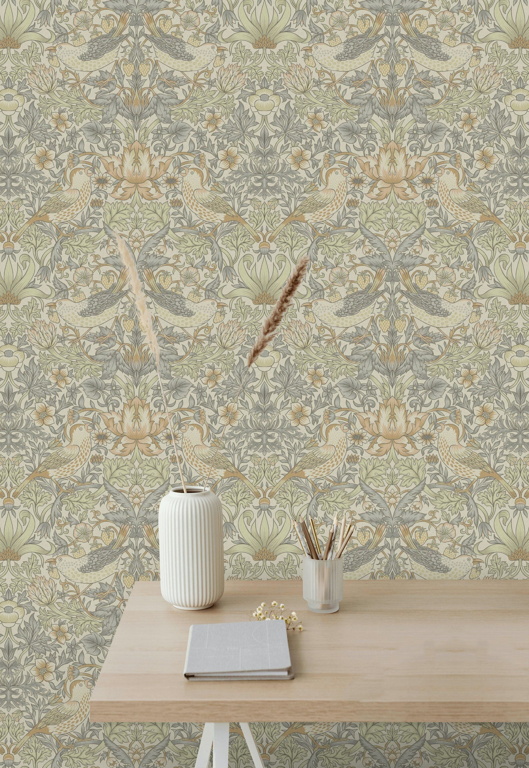 Vintage Bird Wallpaper Sage Botanical Pattern Wall Mural