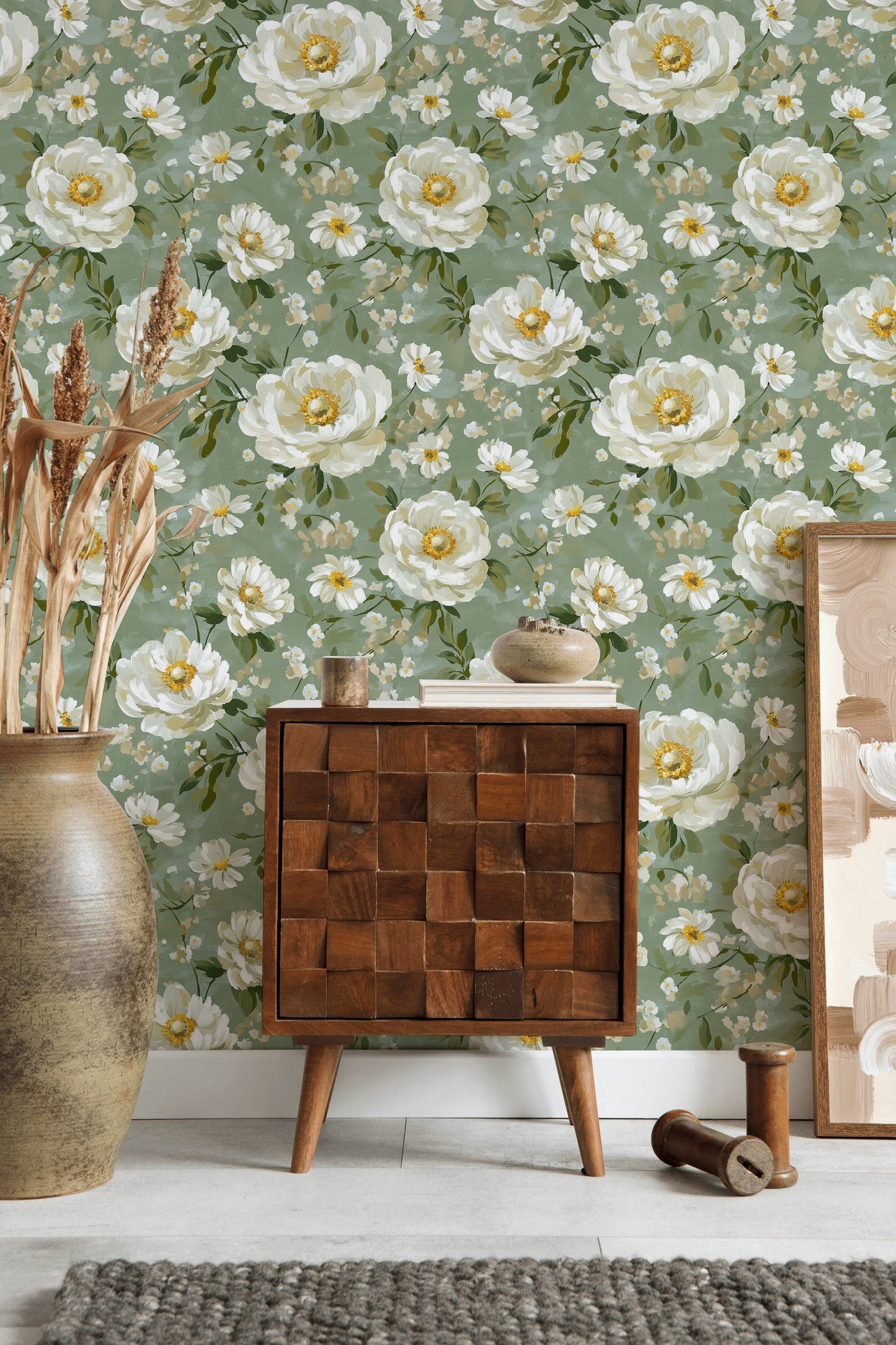 Floral Wallpaper Green Vintage Flower Wall Mural