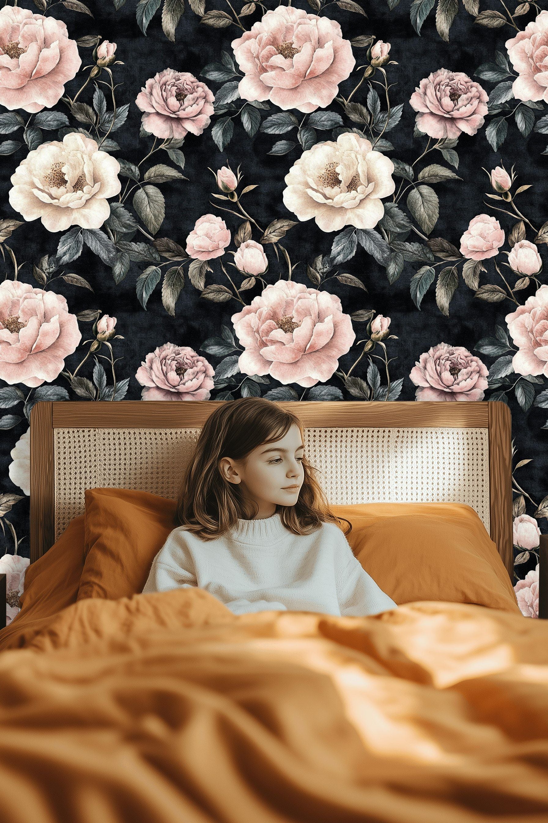 Dusky Black Vintage Rose Floral Wallpaper