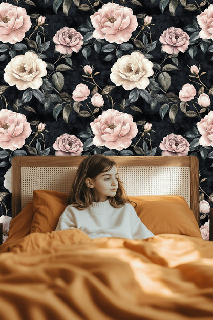 Dusky Black Vintage Rose Floral Wallpaper