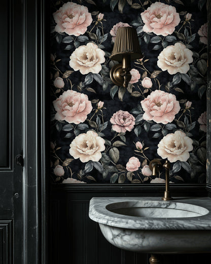 Dusky Black Vintage Rose Floral Wallpaper