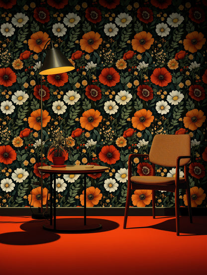 Vintage Orange Floral Wallpaper with Dark Background