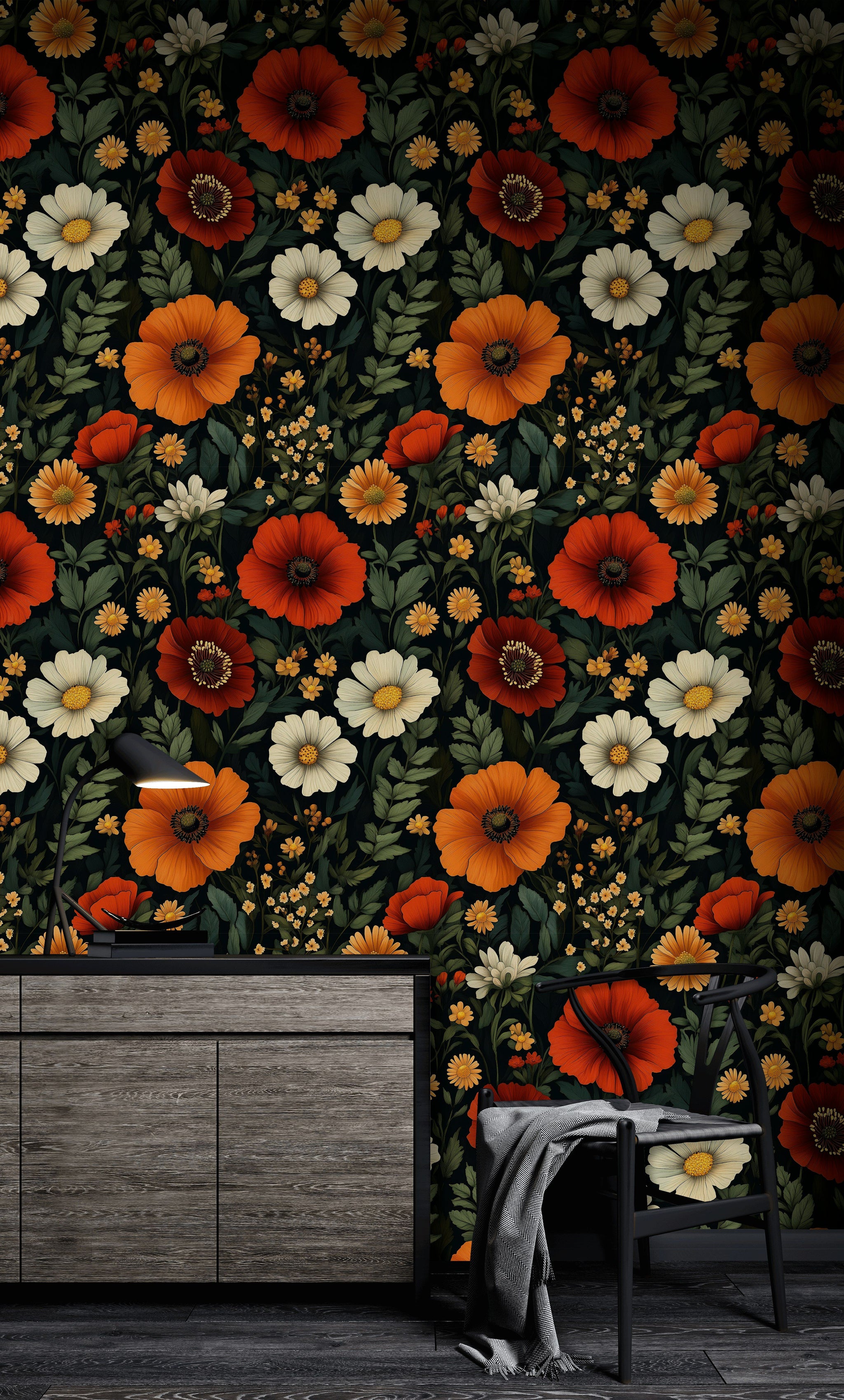 Vintage Orange Floral Wallpaper with Dark Background