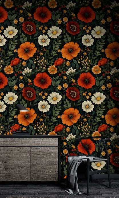 Vintage Orange Floral Wallpaper with Dark Background