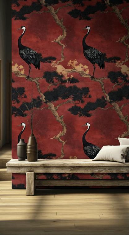 Rich Red Crane and Tree Art Wallpaper