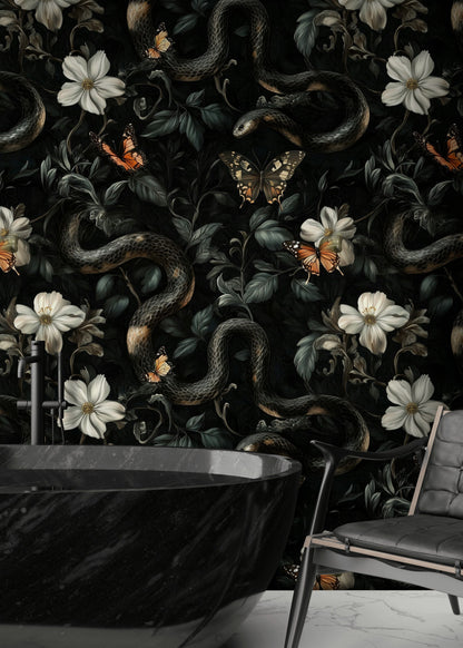 Moody Black Floral and Butterfly Wallpaper