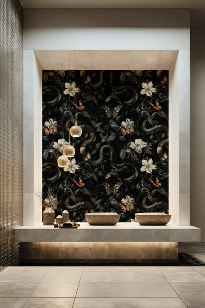 Moody Black Floral and Butterfly Wallpaper