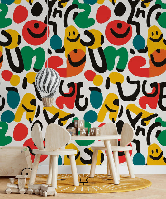 Funky Abstract Wallpaper Colorful Shapes Smileys Decor