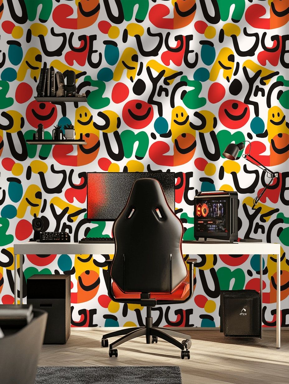 Funky Abstract Wallpaper Colorful Shapes Smileys Decor