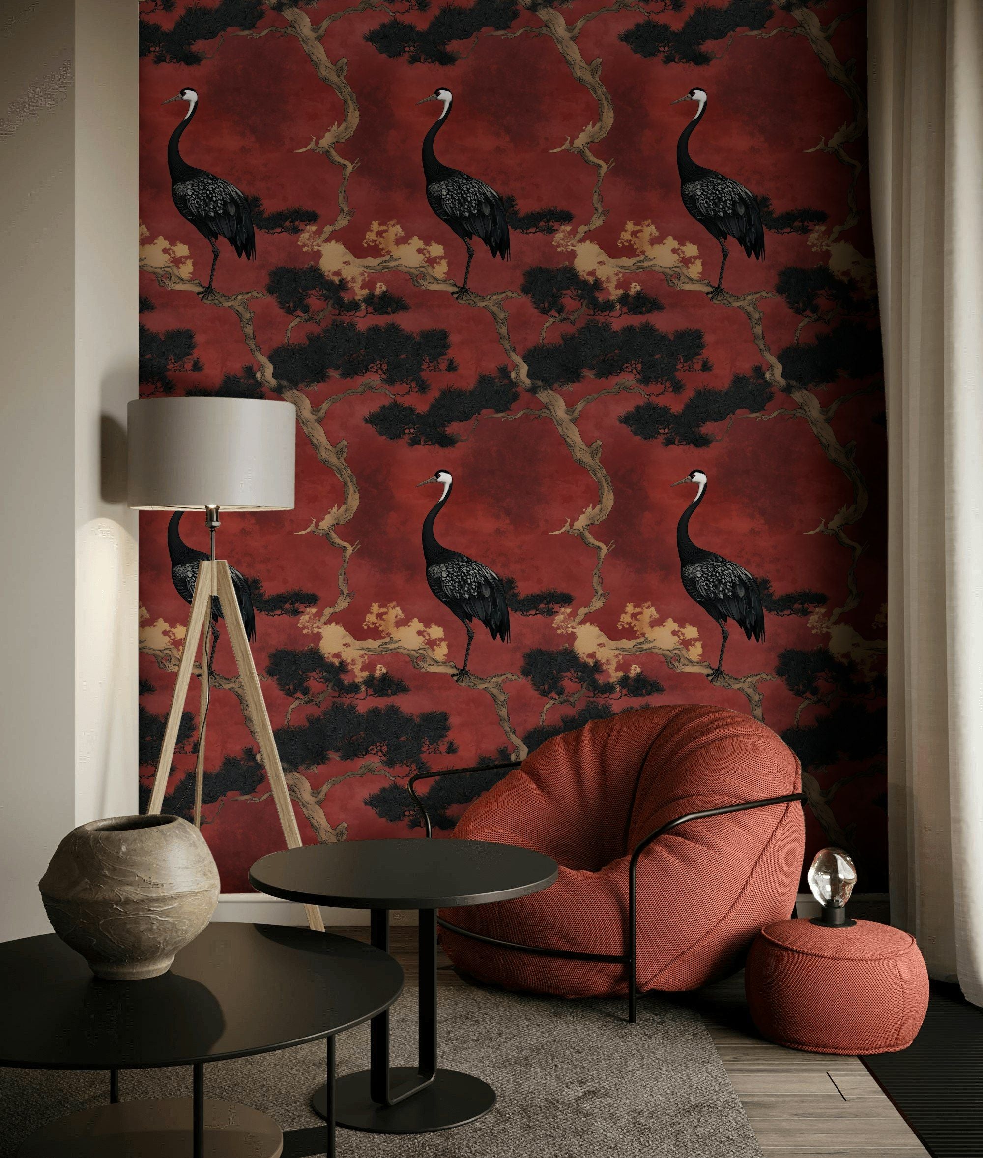 Rich Red Crane and Tree Art Wallpaper