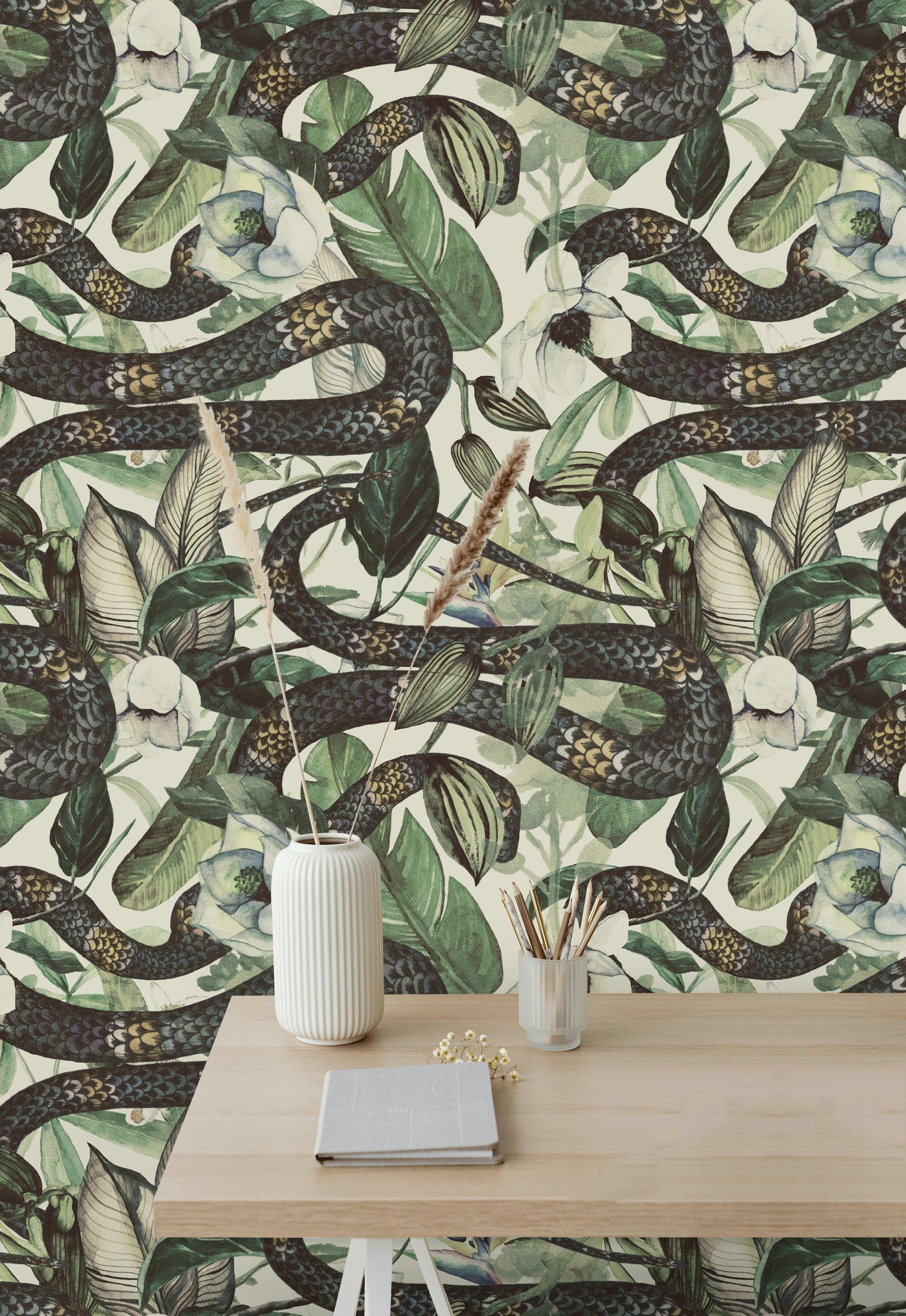 Botanical Snake and Floral Cream Wallpaper