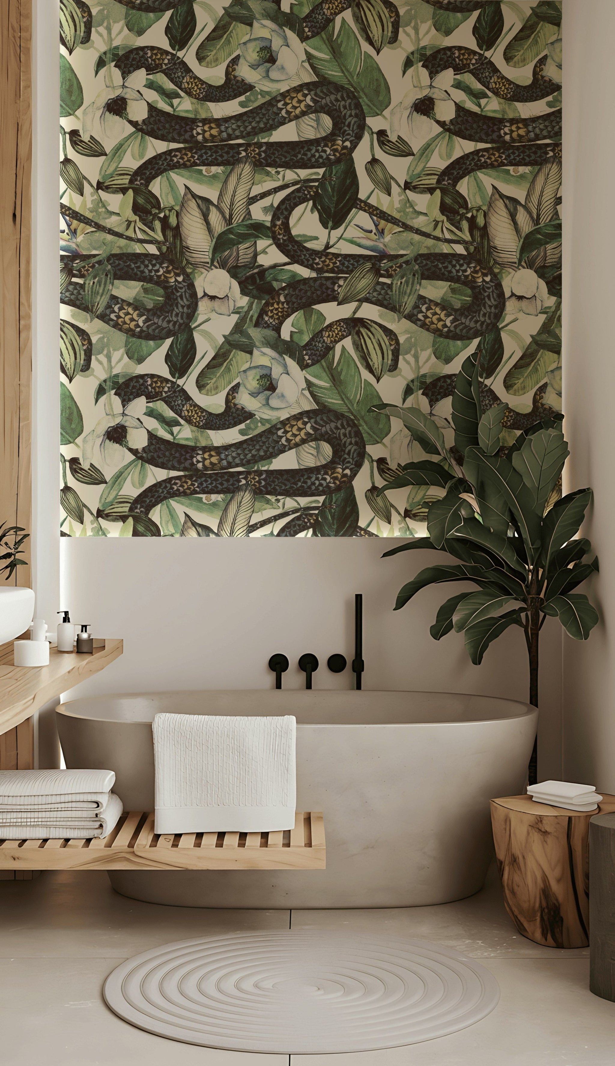 Botanical Snake and Floral Cream Wallpaper