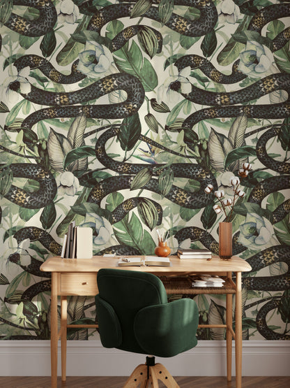 Botanical Snake and Floral Cream Wallpaper