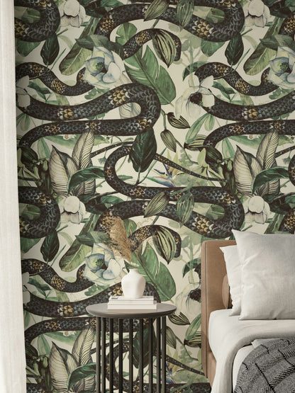 Botanical Snake and Floral Cream Wallpaper